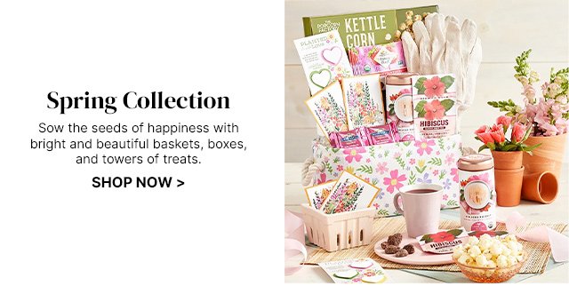 Spring Collection - Sow the seeds of happiness with bright and beautiful baskets, boxes, and towers of treats.