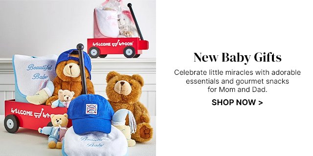 New Baby Gifts - Celebrate little miracles with adorable essentials and gourmet snacks for Mom and Dad. 