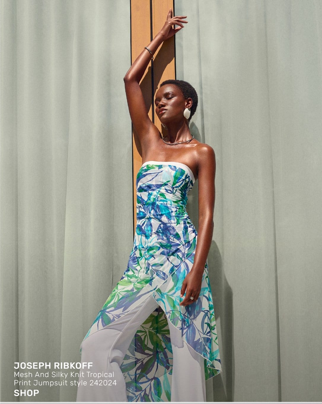 Mesh And Silky Knit Tropical Print Jumpsuit Style 242024