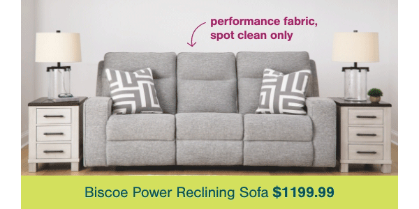 Performance fabric, spot clean only Biscoe Power Reclining Sofa \\$1199.99