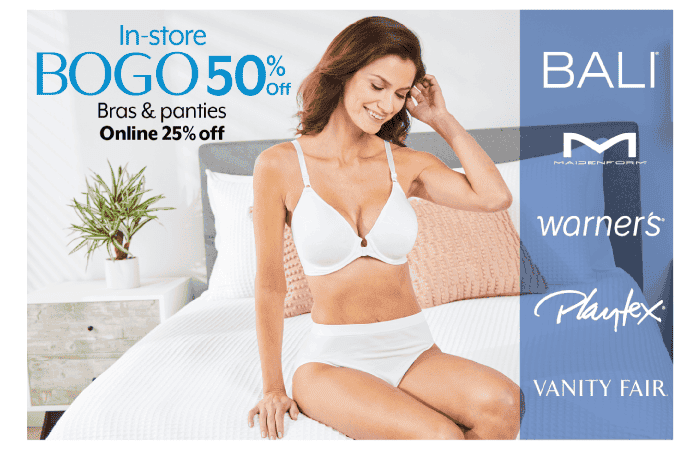 In-store BOGO \\$1, 50% Off Online Bras & panties