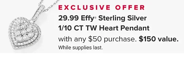 Image of a heart pendant. Exclusive offer. 29.99 Effy sterling siver 1/10 CT TW heart pendant with any \\$50 purchase. \\$150 value. While supplies last.