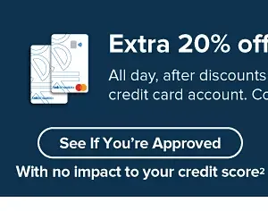 The Belk Rewards Plus logo. A graphic of two Belk credit cards. Extra 20% off almost everything. All day, after discounts when you open a Belk Rewards Plus credit card account. Coupon required. See if you're approved, with no impact to your credit score.