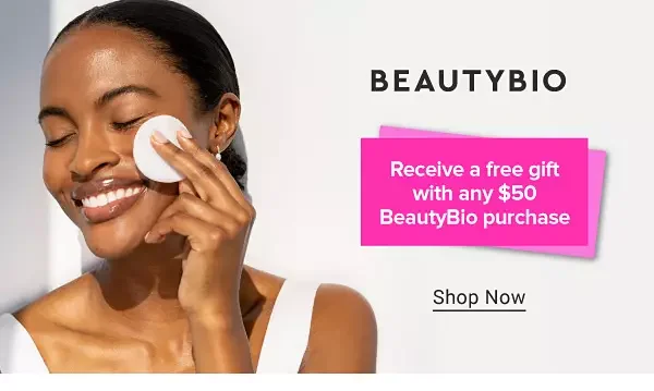 Image of a woman wiping her face with a cotton round. BeautyBio logo. Shop now.