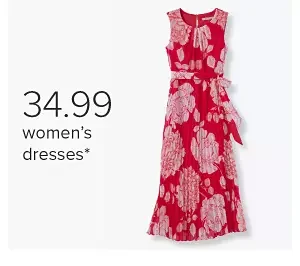 Image of a floral red dress. \\$34.99 women's dresses.