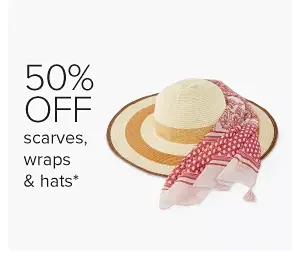 A woman's straw sun hat and scarf. 50% off scarves, wraps and hats.