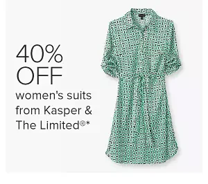Image of a green patterned button up dress. 40% off women's suits and Kasper and The Limited.