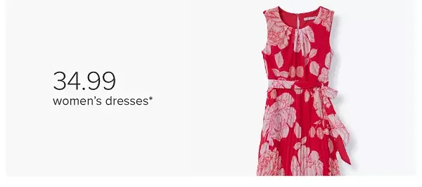 Image of a floral red dress. \\$34.99 women's dresses.
