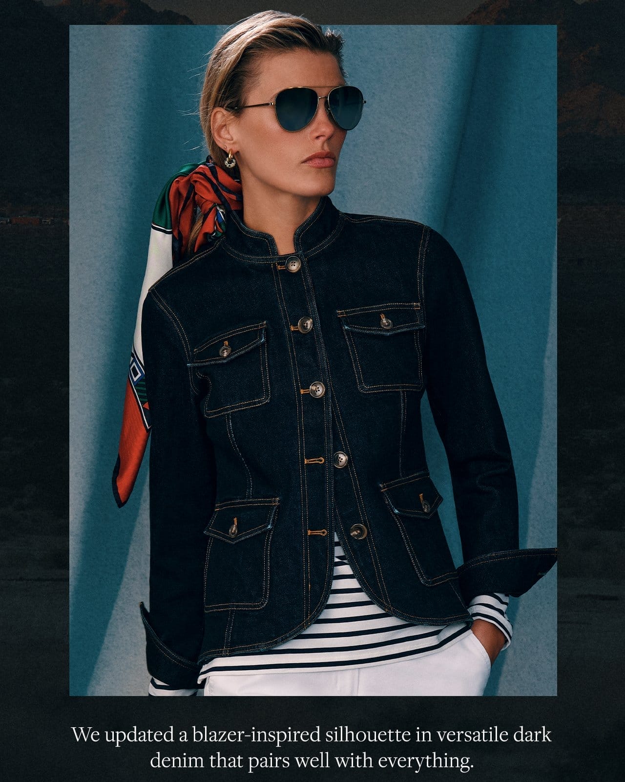 We updated a blazer-inspired silhouette in versatile dark denim that pairs well with everything.