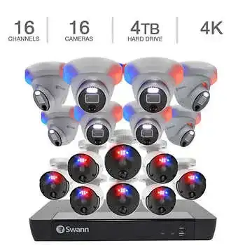 Swann Professional 4K Ultra HD Indoor/Outdoor Wired Security Camera System, 16-Channel NVR 4TB HDD, 8-Bullet and 8-Dome Cameras with Two-Way Audio and Siren