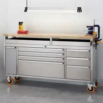 TRINITY 66-inch Stainless Steel Rolling Workbench with Clampable Raised Top