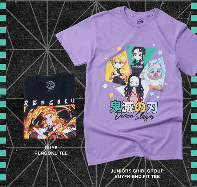 Products Shown - Guys Rengoku Tee and Juniors Chibi Group Boyfriend Fit Tee