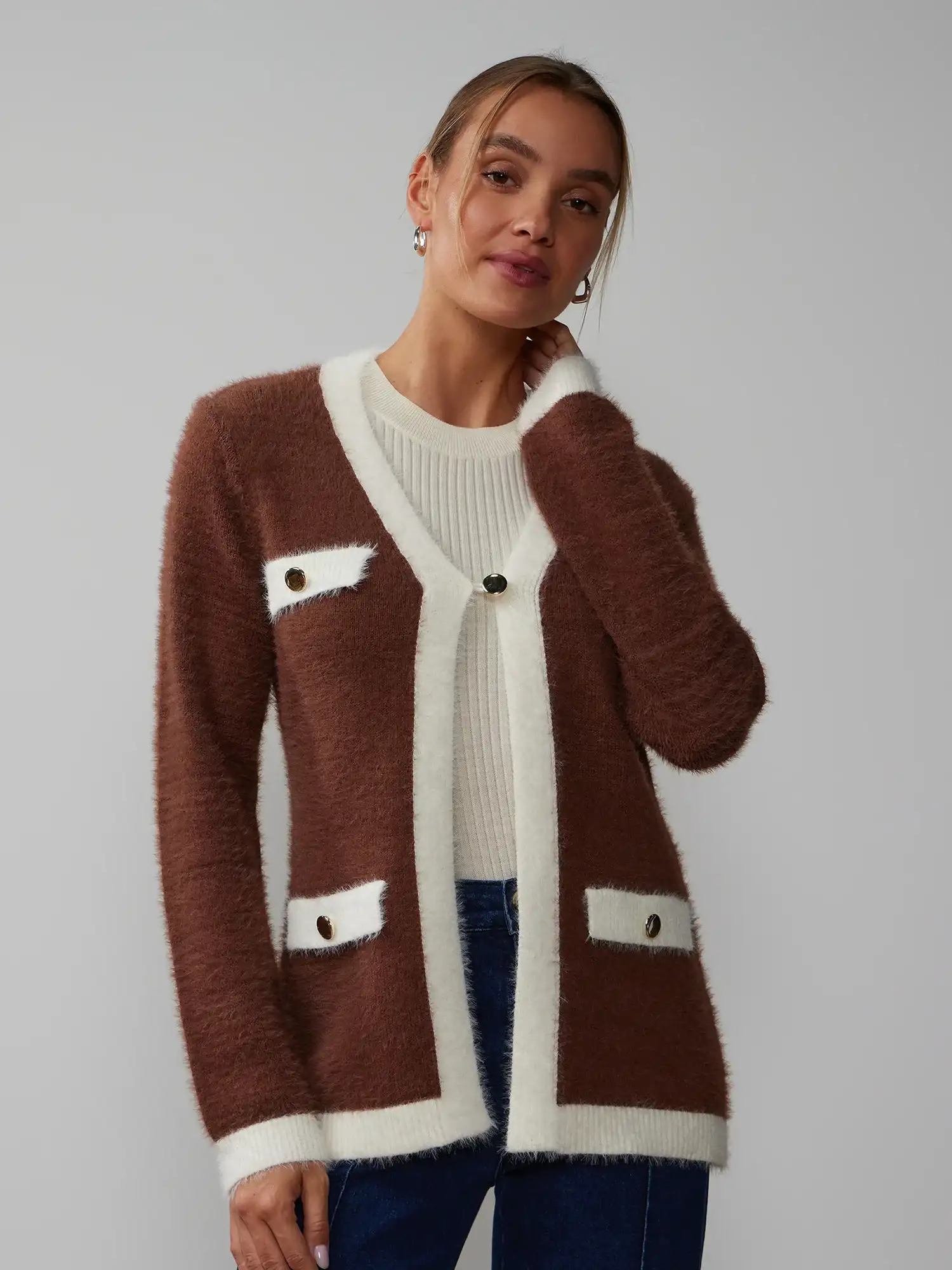Image of Long Sleeve Contrast Piping Cardigan