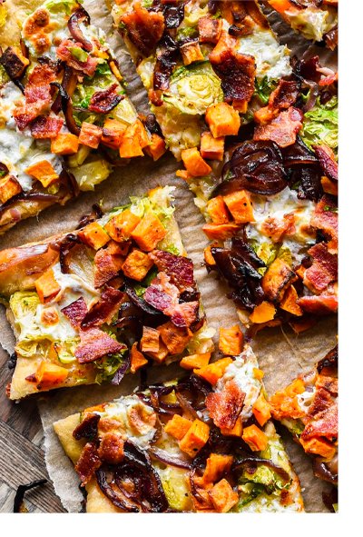 FALL PIZZA WITH SWEET POTATOES, BRUSSELS SPROUTS, ONION AND BACON