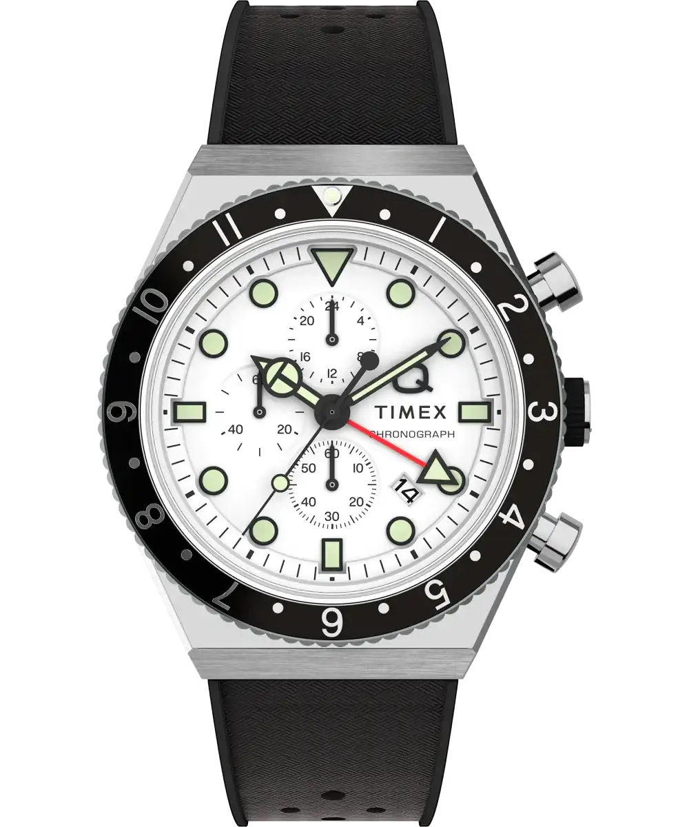 Image of Q Timex 3-Time Zone Chronograph 40mm Synthetic Rubber Strap Watch