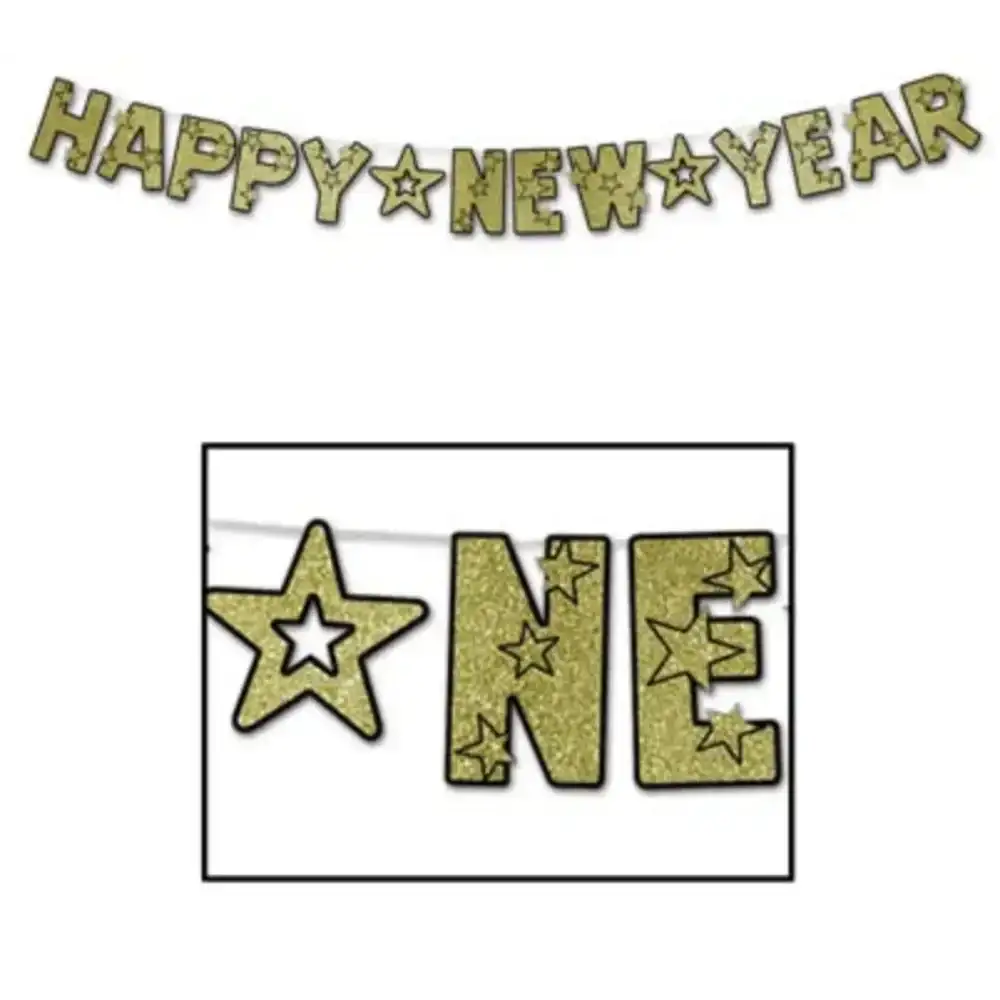 Black and Gold Glittered Happy New Year Streamer