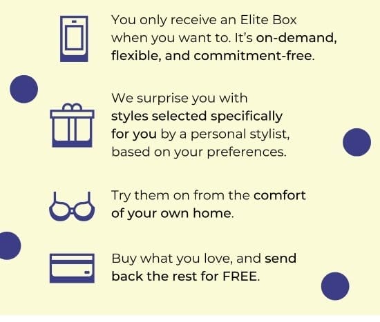 You only receive an Elite Box when you want to. It’s on-demand, flexible, and commitment-free. We surprise you with styles selected specifically for you by a personal stylist, based on your preferences.