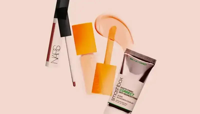 Best Color Corrector: a collage of Nars, Huda Beauty, and Smashbox products on a baby pink background