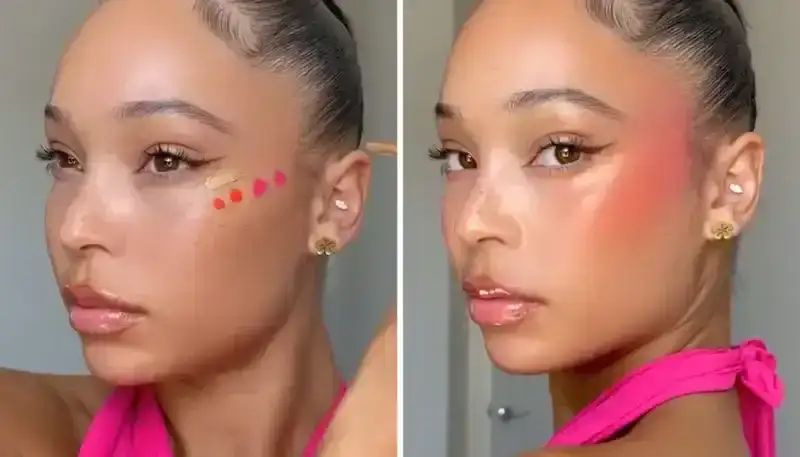 Side by side pictures of girl wearing sunset blush trend 