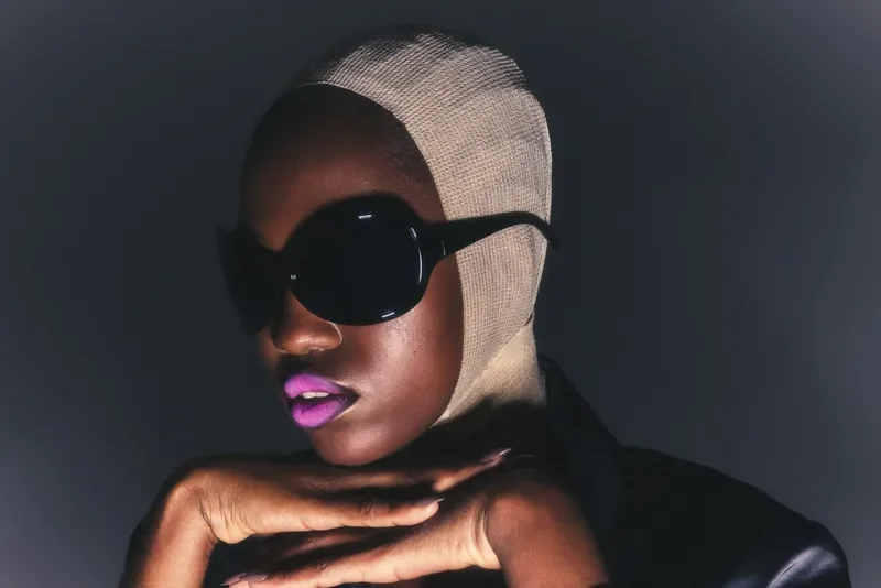 A photo of a woman's face, with bandages around her head, oversized sunglasses on, and hot pink lipstick, against a dark gray background