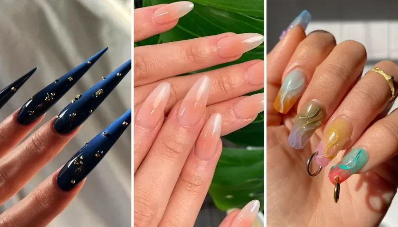 Spring nail trends including 3D nails, sparkle aura nails, and Jelly nails 