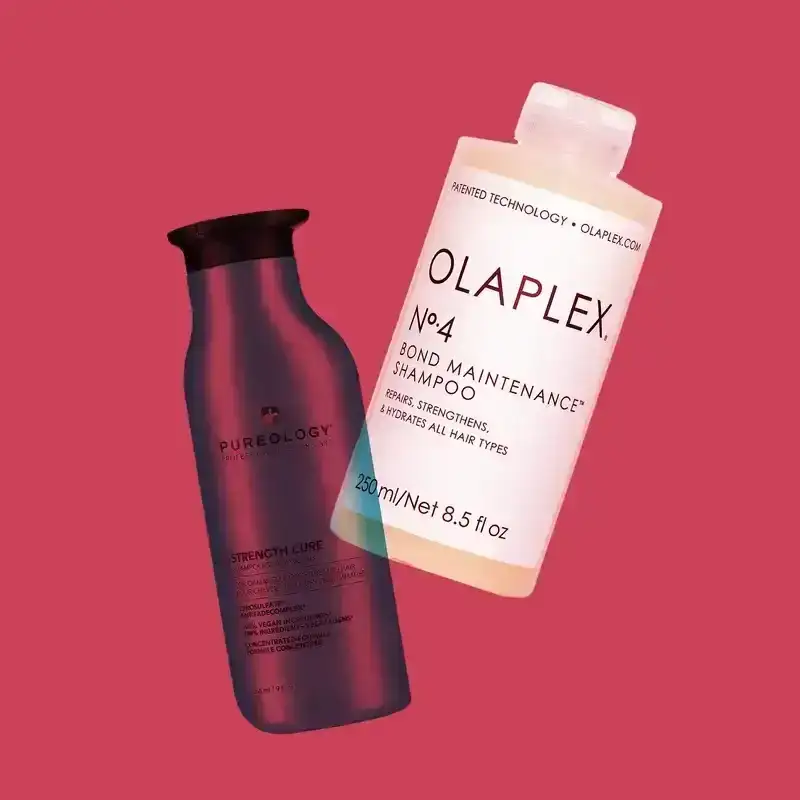 Best Shampoos for Color-Treated Hair 2024: Pureology and Olaplex shampoos on red background