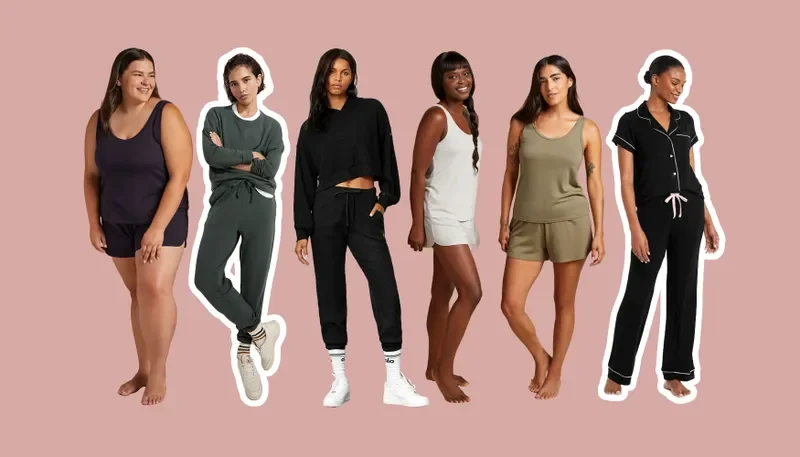 Best Loungewear Sets: a collage of models wearing full pajama sets on a pink background