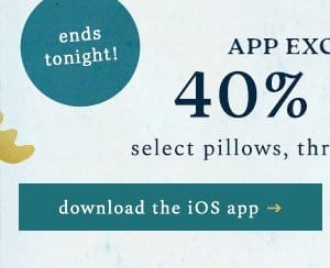 Ends tonight. App exclusive 40% off select pillows, throws, mugs, and more. Download the iOS app