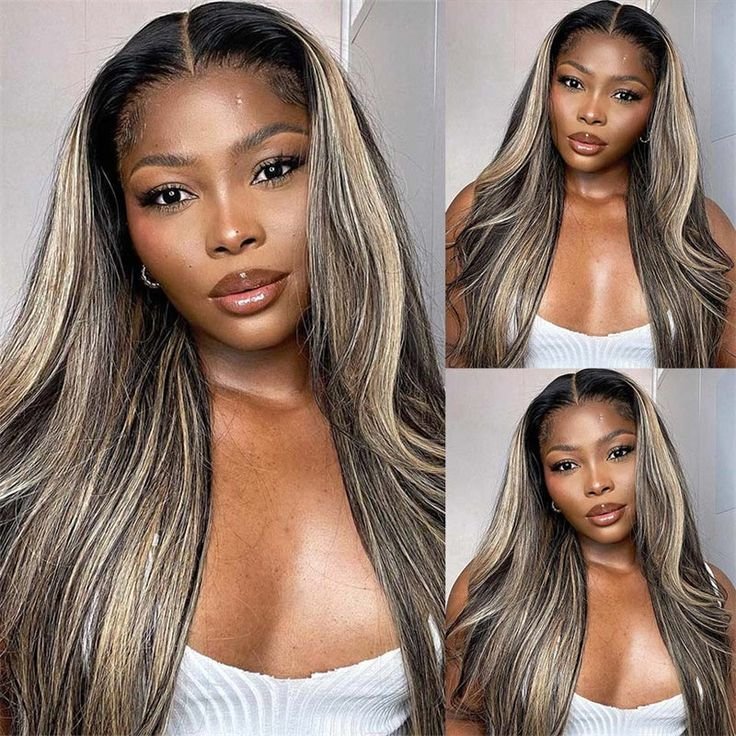 30" 13x4 Glueless Lace Straight Balayage Highlight Colored Lace Front Bleach Knots Human Hair Wig