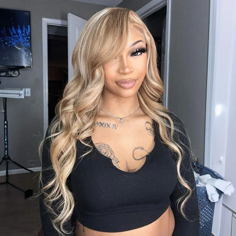 #12/613 Highlight 13x4 Lace Front Mixed Brown&Blonde Color Straight/Body Wave Human Hair Wig