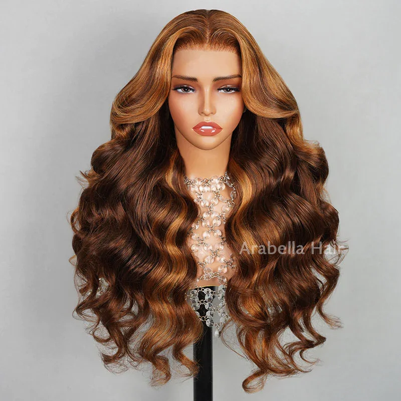 13x4 Lace Front Dark Brown With #30 Highlight Color Body Wave Bleached Knots with Middle Part/C-Part Design Human Hair Wigs