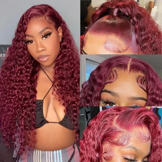 13x4 Lace Closure #99J Colored Jerry Curly Burgundy Auburn Color Wig Copper Reddish Brown Human Hair Wig