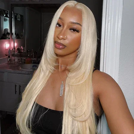 22&quot; 13x4 Lace Frontal #613 Blonde Colored Layered Straight Dyeable Human Hair Wig