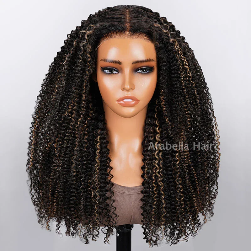 13x4 Lace Front Afro Curly Highlight #27 Colored Bleached Knots Free Part Human Hair Wigs