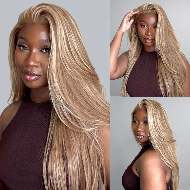30" 13x4 Lace Front Long Straight Highlight Color #12/613 Wig Mixed Brown and Blonde Color Human Hair Wig