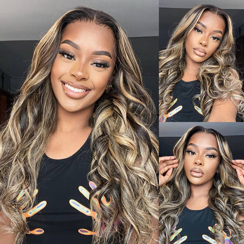 [flash sale]18" 13x4 Glueless Front Balayage Highlights Colored Body Wave Human Hair Wigs