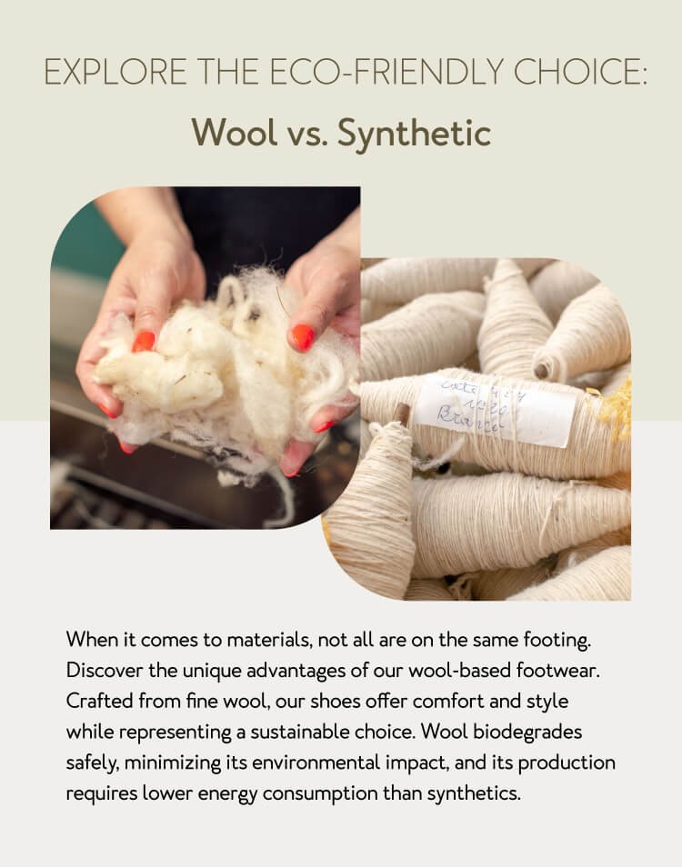 Explore the eco-friendly choice: Wool vs. Synthetic. When it comes to materials, not all are on the same footing. Discover the unique advantages of our wool-based footwear. Crafted from fine wool, our shoes offer comfort and style while representing a sustainable choice. Wool biodegrades safely, minimizing its environmental impact, and its production requires lower energy consumption than synthetics.