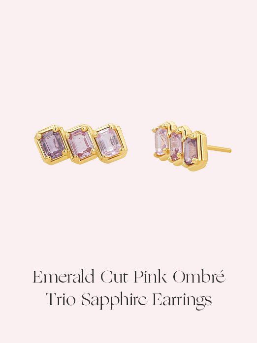 Emerald Cut Pink Ombré Trio Sapphire Earrings