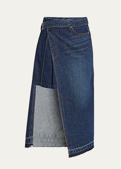 Sacai - Pleated Denim Skirt with Belted Overlay