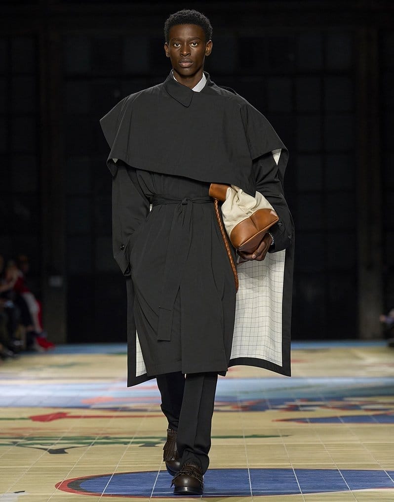 Model Wears Bottega Veneta - Men's Relaxed Belted Overcoat and Men's Check-Lined Cotton Cape