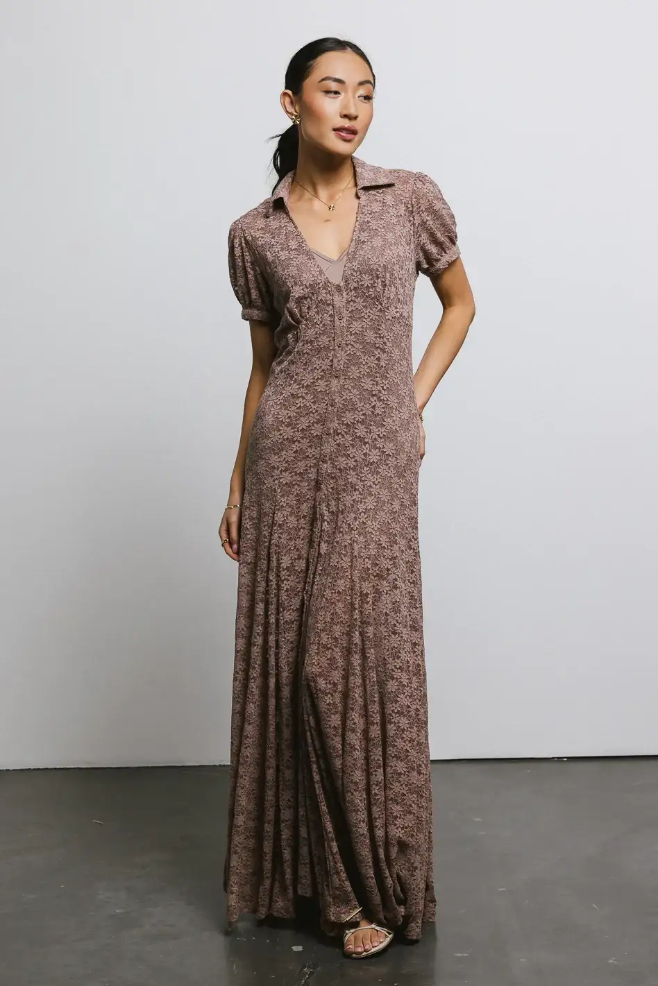 Image of Lace Button Up Dress in Mocha