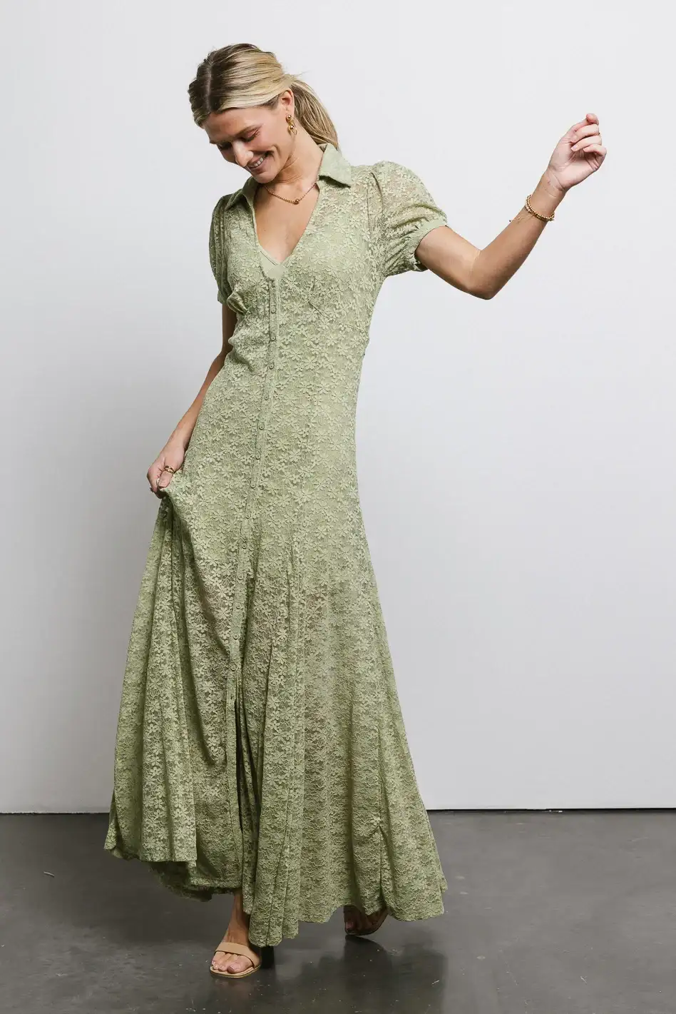 Image of Lace Button Up Dress in Sage