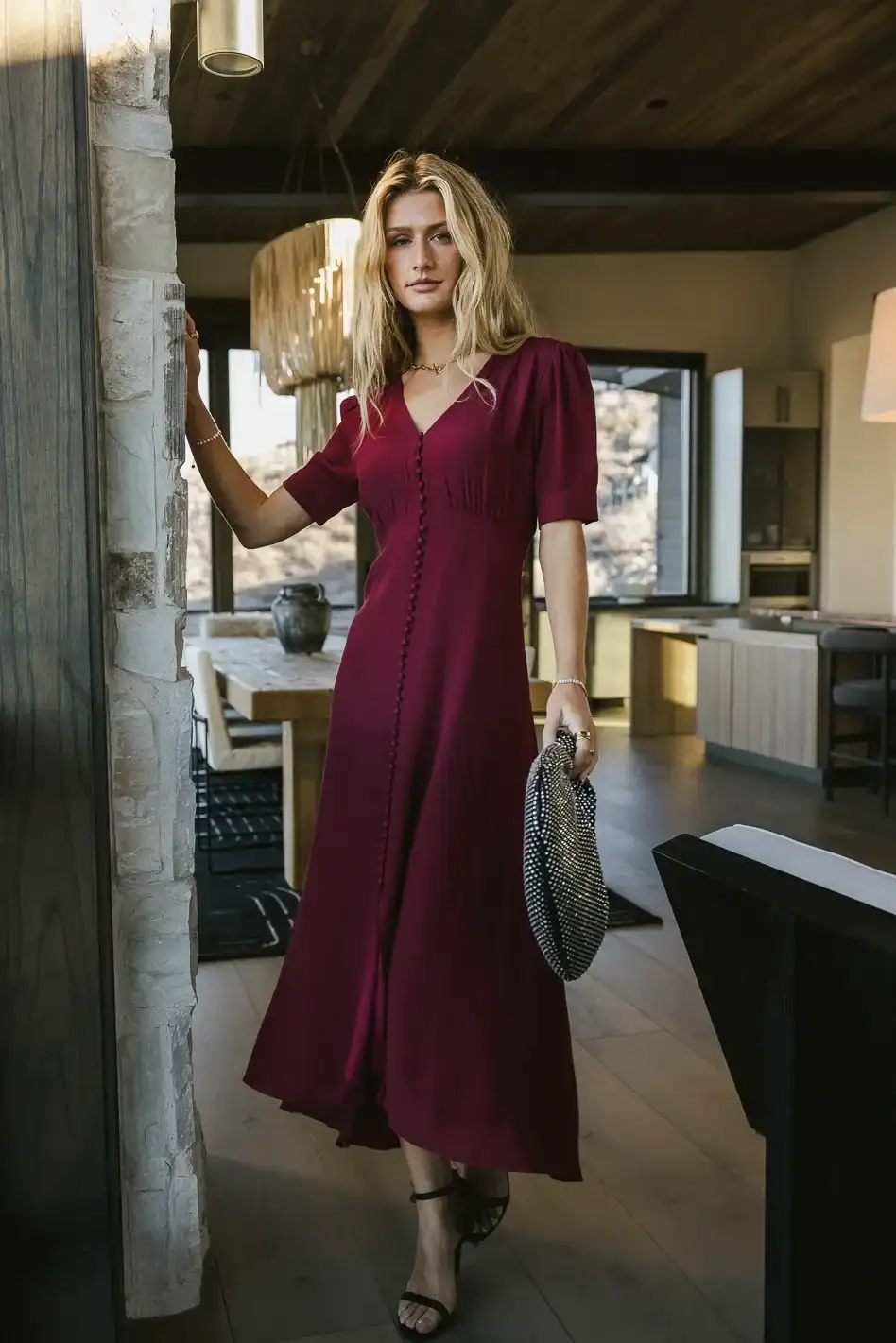 Image of Lia Button Detail Dress in Burgundy