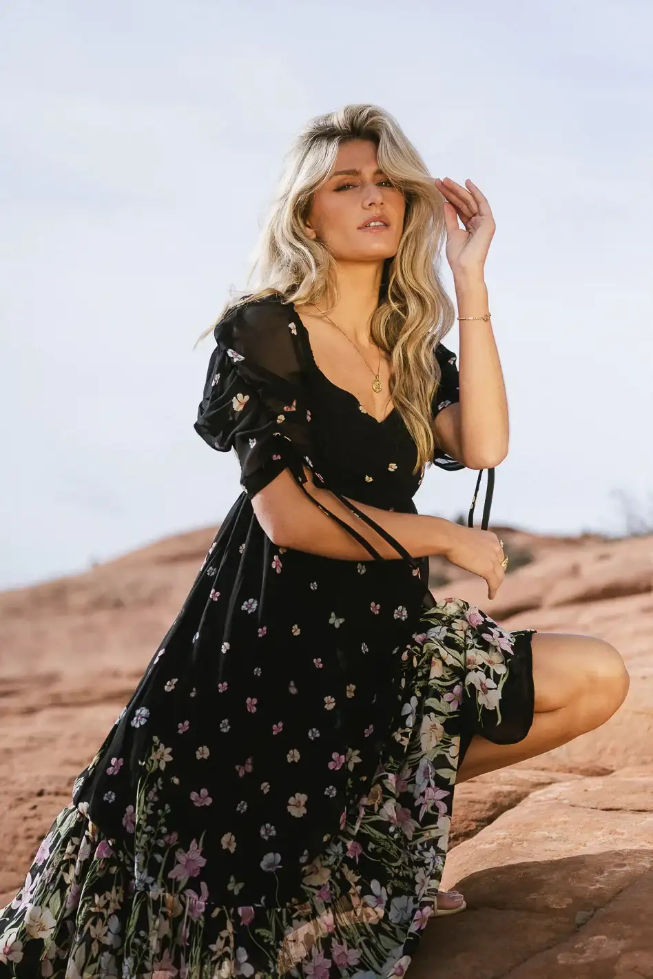 Image of Ruched Sleeve Floral Dress in Black