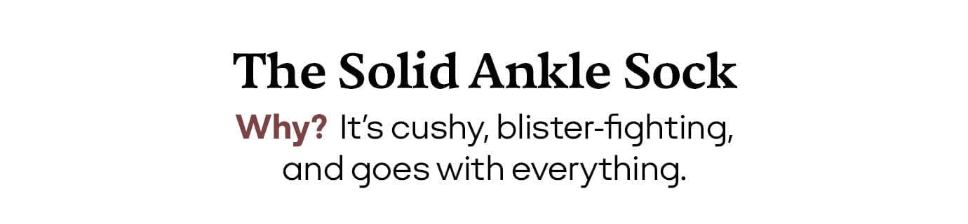 The Solid Ankle Sock Why? It's cushy, blister-fighting, and goes with everything.