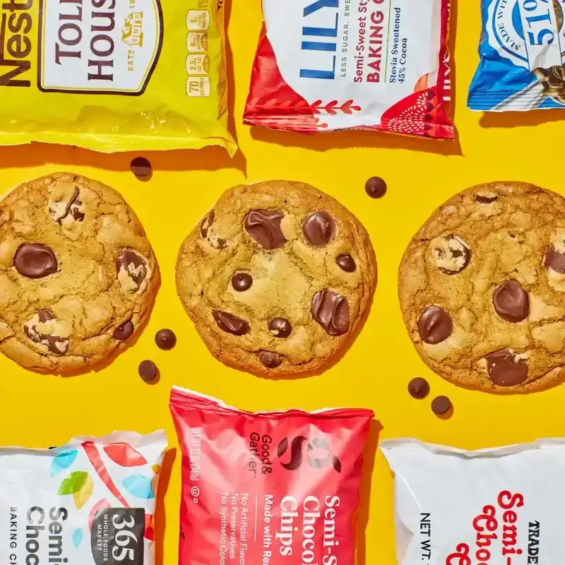 9 different bags of chocolate chips on a yellow background.