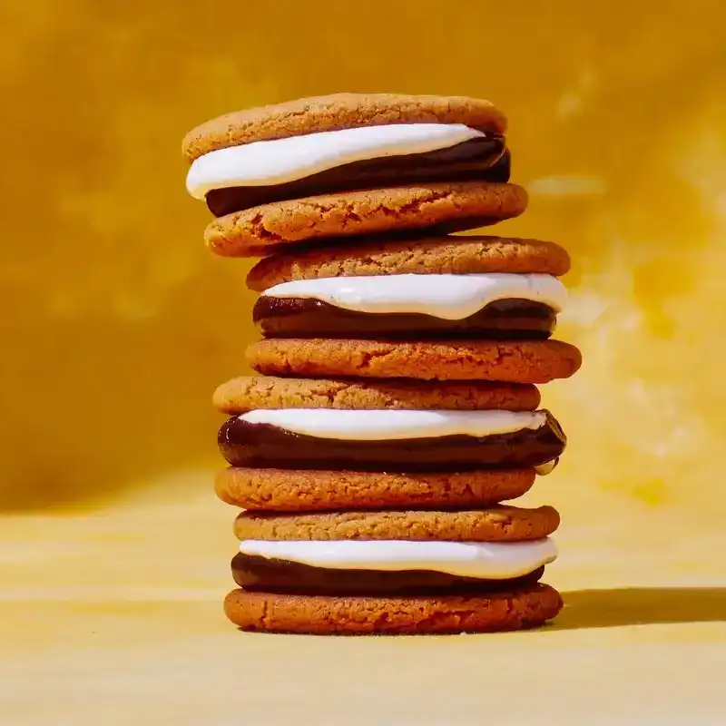 S'Mores Crème Pies on yellow fabric background