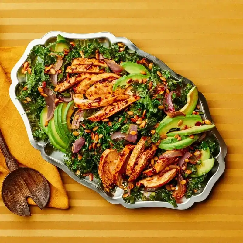 Smoky Chicken and Avocado Salad on a metal platter