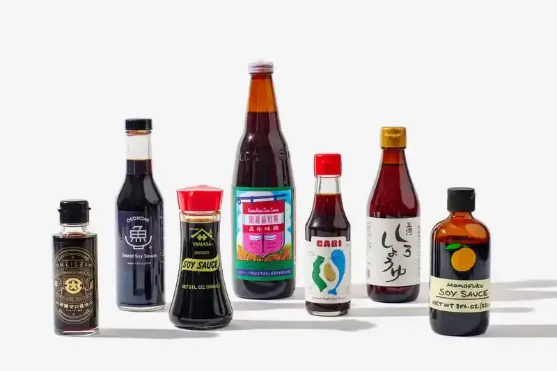 A variety of soy sauces on a white background