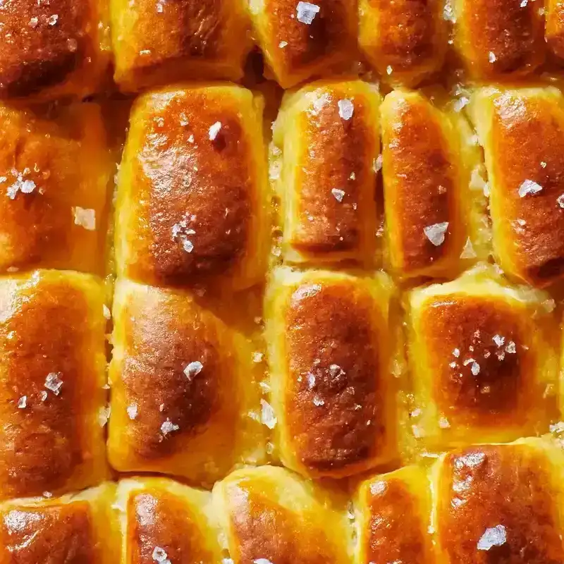 Close-up of shiny rolls with flaky salt.